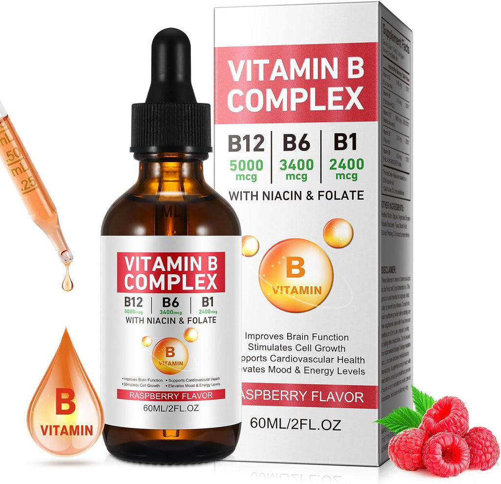 Complejo B Líquido, Gotas Veganas de Vitamina B12 Metilcobalamina, B1, B6, Ácido Fólico y Niacina - Apoyo Energético, Cerebral y Cardíaco, 40 Dosis
