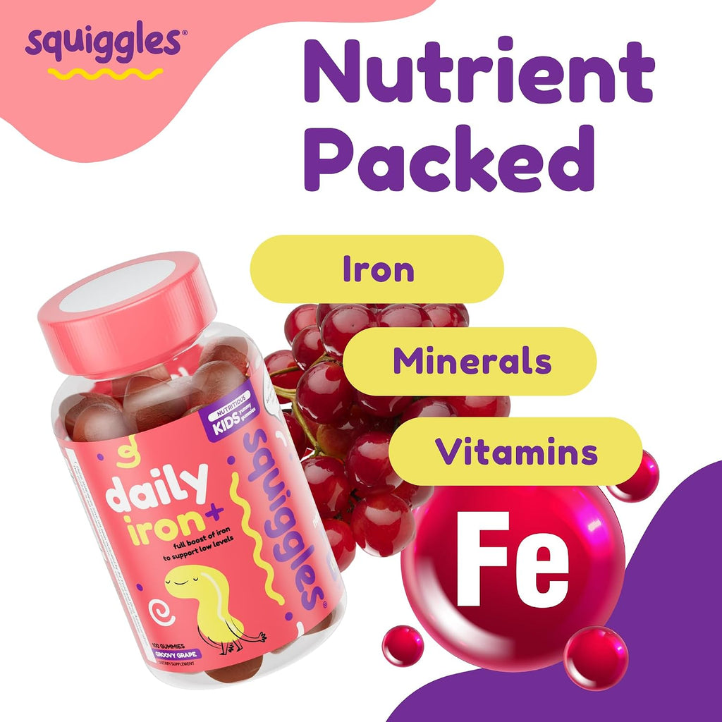 Squiggles Kids Daily Iron+ Gummies - Gomitas masticables con hierro y multivitaminas para niños, bajo en azúcar, veganas, sabor a uva (100 unidades)
