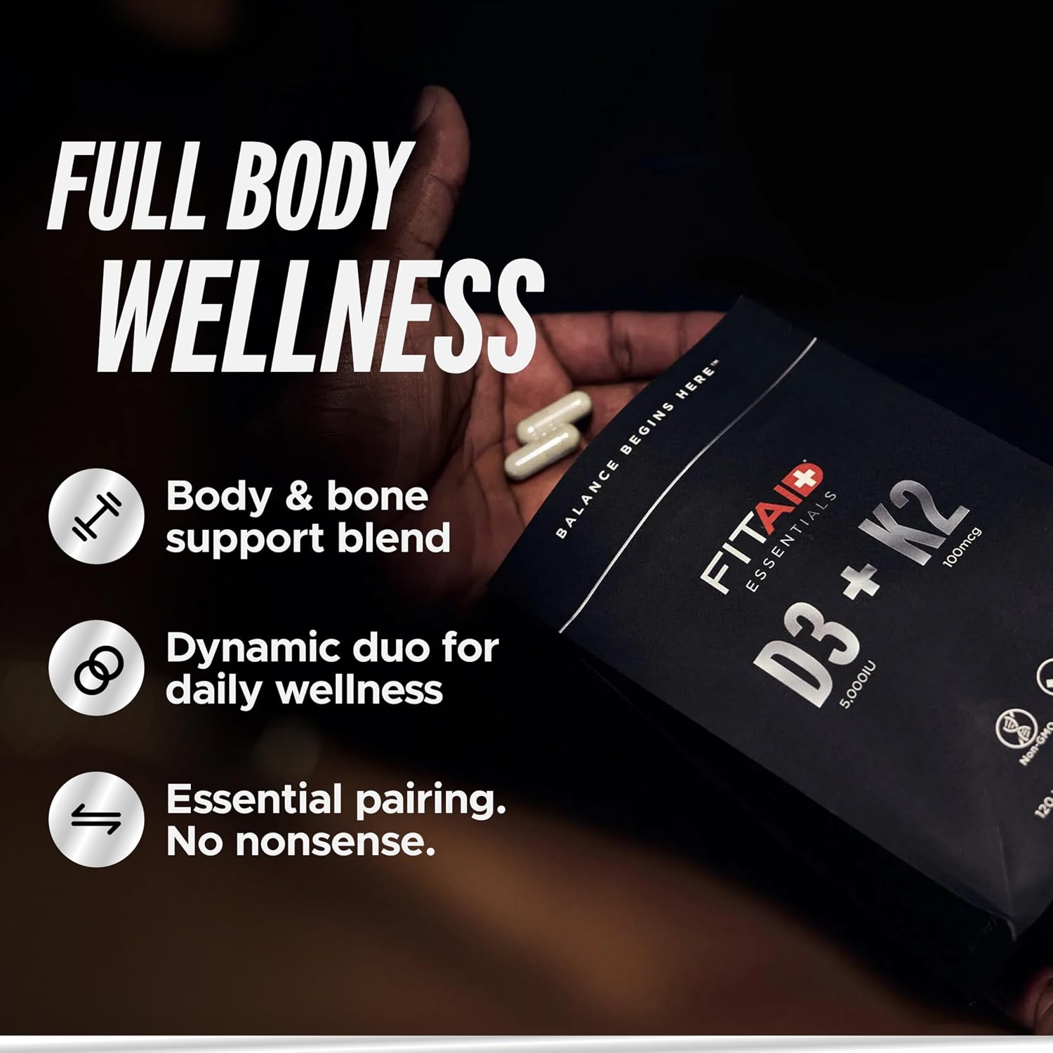 FITAID Essentials Vitamina D3 K2 5000 IU, 120 Cápsulas Veganas
