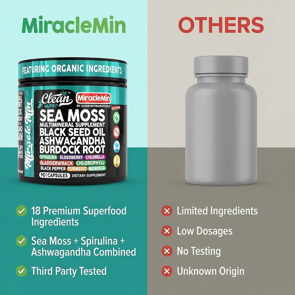 Clean Nutra Cápsulas Orgánicas de Musgo Marino con Ashwagandha, Aceite de Semilla Negra, Raíz de Bardana, Musgo de Vejiga, Moringa, Chlorella, Espirulina, Cúrcuma, Saúco, Amla – 90 Cápsulas Veganas – MiracleMin