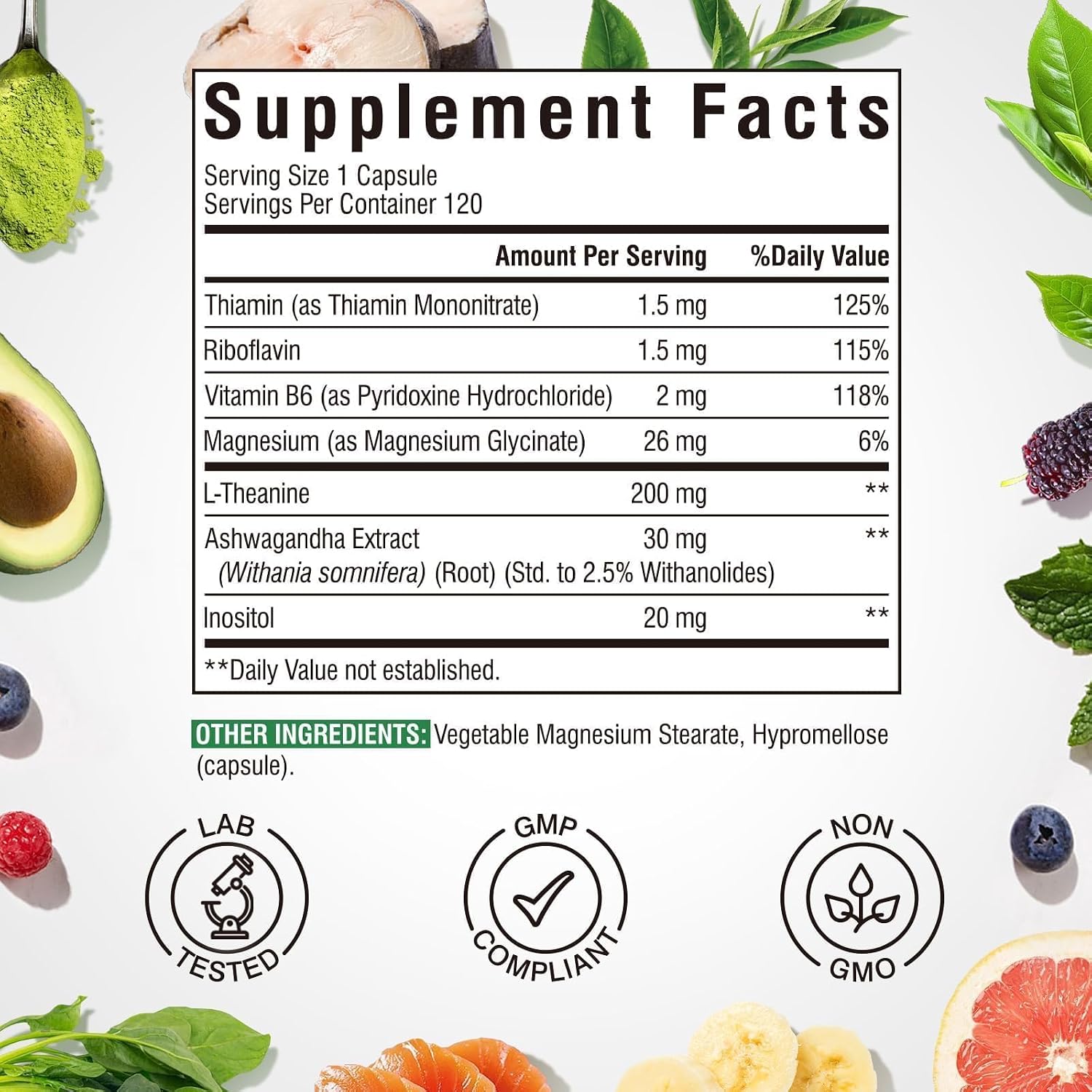 Vitalibre L-Teanina 200mg 7 en 1 con Magnesio Glicinato, Ashwagandha, Inositol y Vitaminas B1, B2, B6 - Apoyo para la Calma, Relax, Sueño y Concentración - 120 Cápsulas Veganas