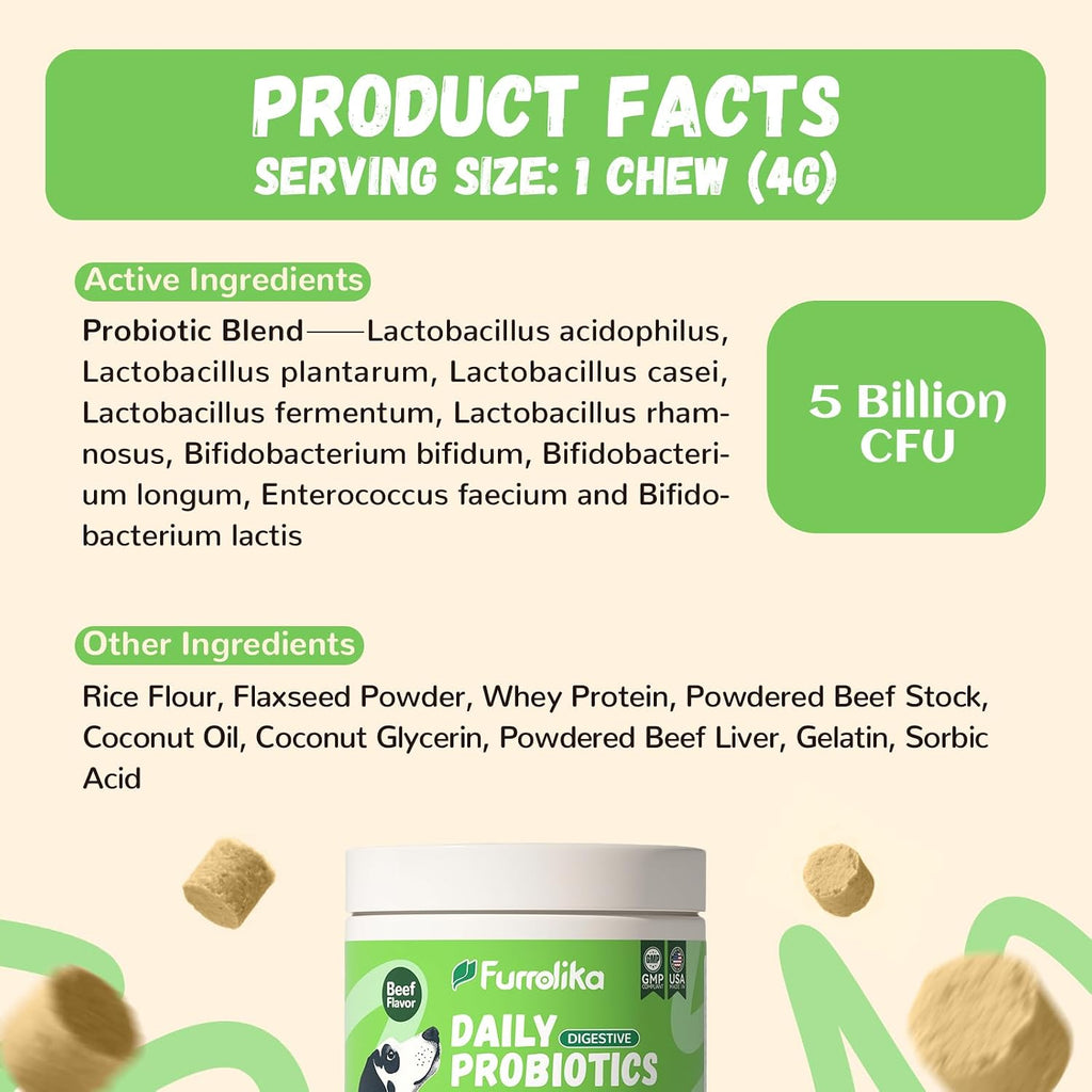 60 Count Probiotics Soft Chews – Made in The USA – Supplements for Gut Health, Digestive Support, Immune Support & Diarrhea Relief – Beef Flavor Dog Probiotic