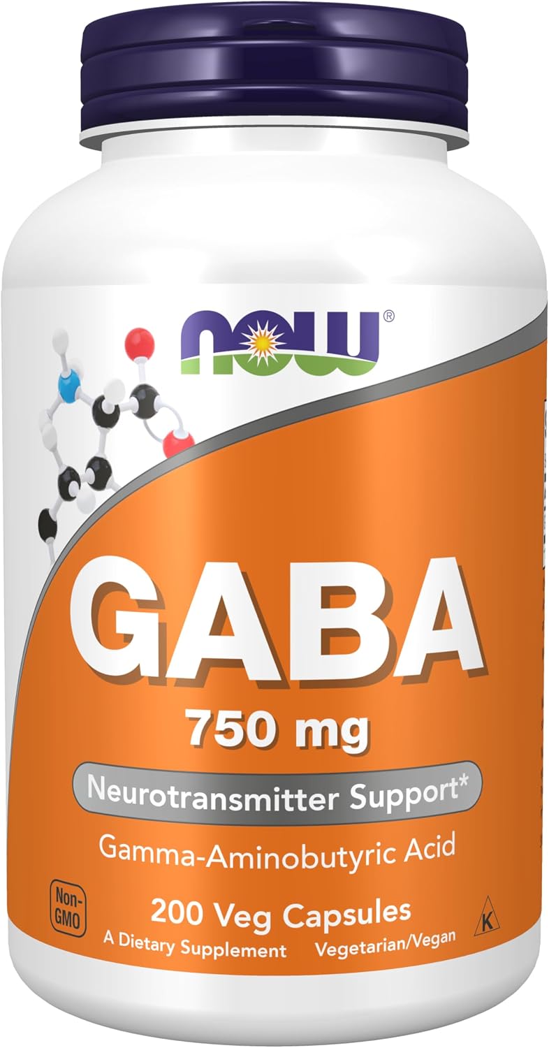 NOW Foods GABA (Ácido Gamma-Aminobutírico) 750 mg, 200 Cápsulas Vegetales