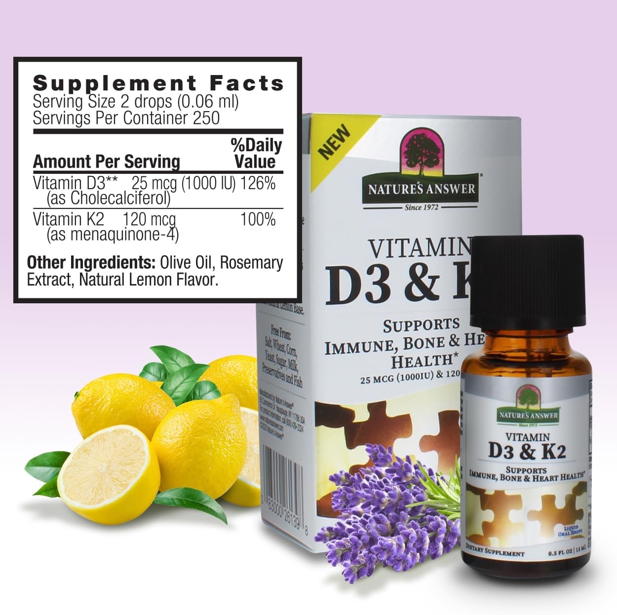 Nature's Answer Vitamina D3 y K2 - Gotas Líquidas Orales 0.5 oz (15 ml)