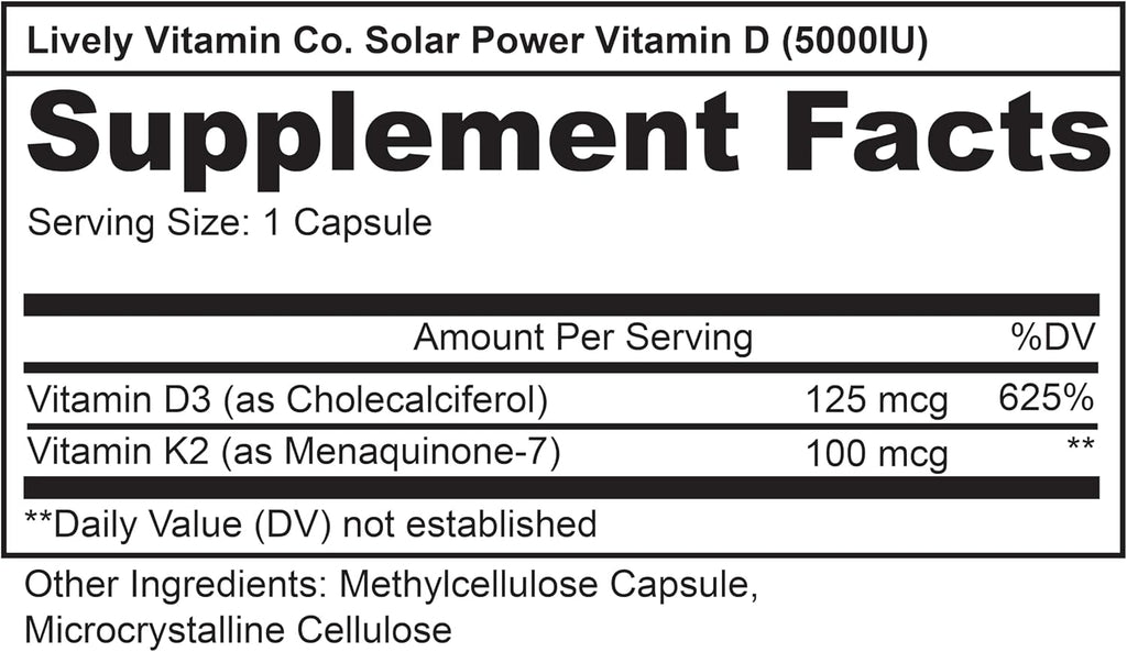 Solar Power Vitamin D3 5000 UI + Vitamina K2 (MK-7) MenaQ7® – 60 Cápsulas – Lively Vitamin Co.