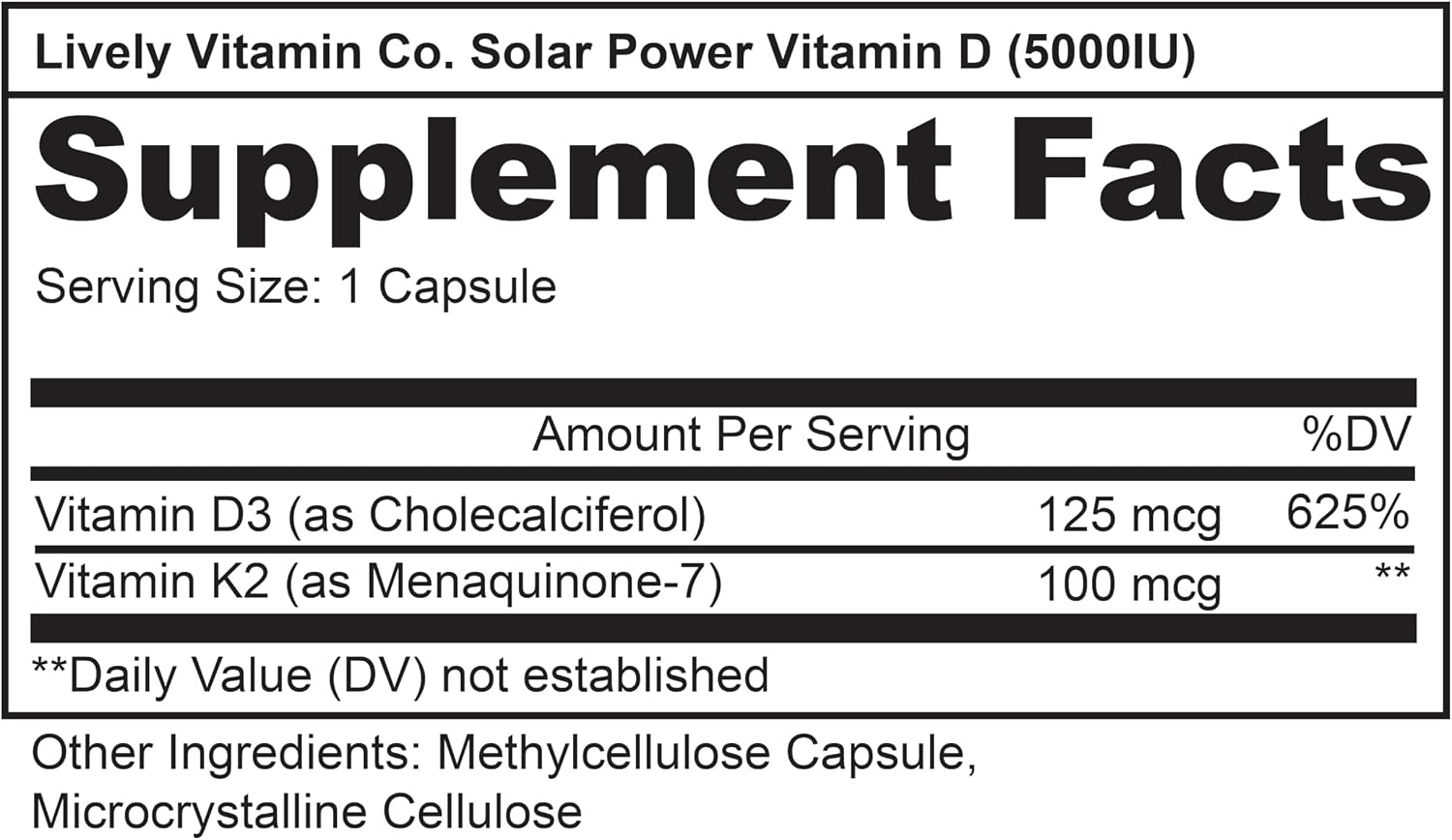 Solar Power Vitamin D3 5000 UI + Vitamina K2 (MK-7) MenaQ7® – 60 Cápsulas – Lively Vitamin Co.