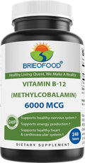 Brieofood Vitamina B-12 (Metilcobalamina) 6000 mcg - 240 Comprimidos, No OGM, Sin Gluten