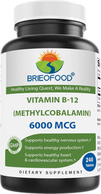 Brieofood Vitamina B-12 (Metilcobalamina) 6000 mcg - 240 Comprimidos, No OGM, Sin Gluten