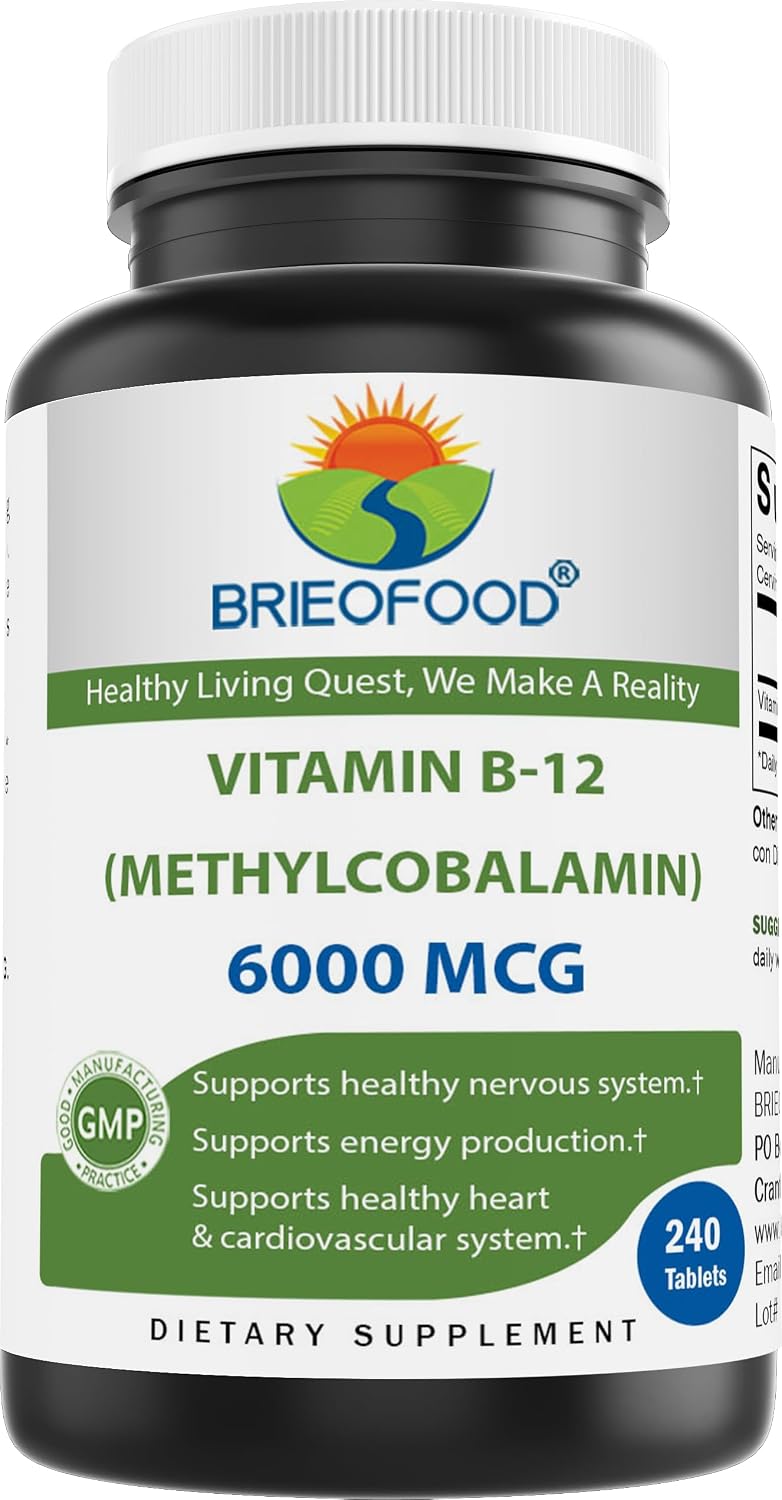 Brieofood Vitamina B-12 (Metilcobalamina) 6000 mcg - 240 Comprimidos, No OGM, Sin Gluten