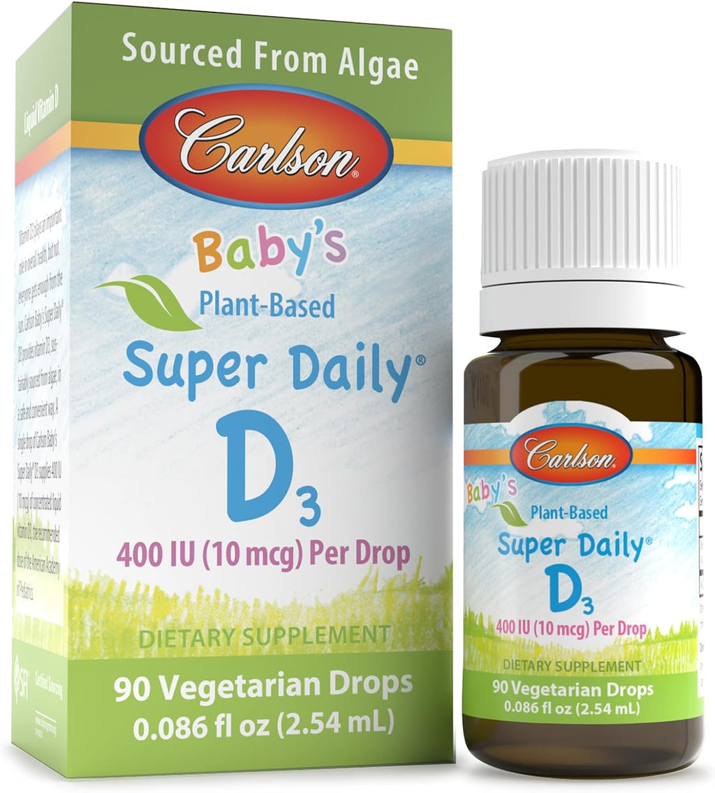 Carlson - Baby's Plant-Based Super Daily D3, Gotas de vitamina D3 vegetal para bebés, 400 UI (10 mcg) por gota, 90 gotas