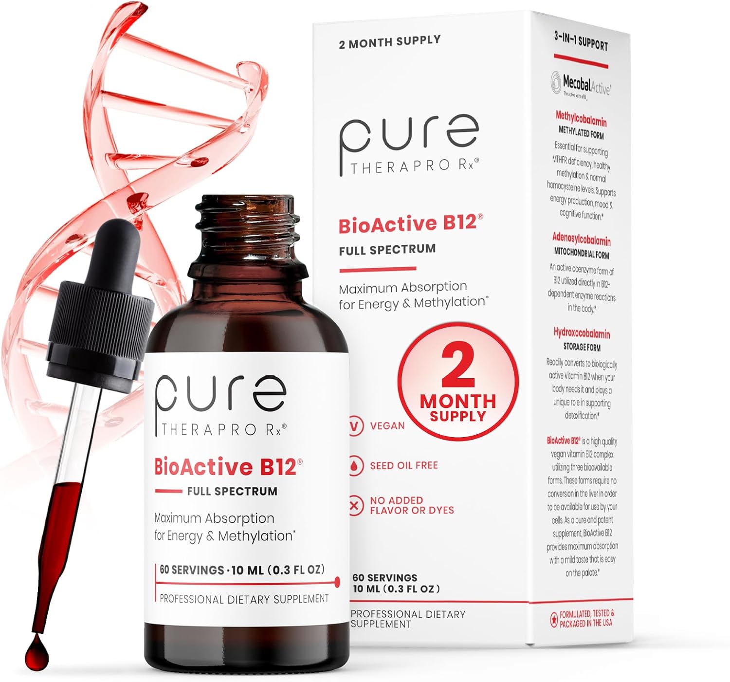 Pure Therapro Rx Vitamina B12 Sublingual - 5000 mcg con Metilcobalamina, Adenosilcobalamina e Hidroxocobalamina - 10 ml