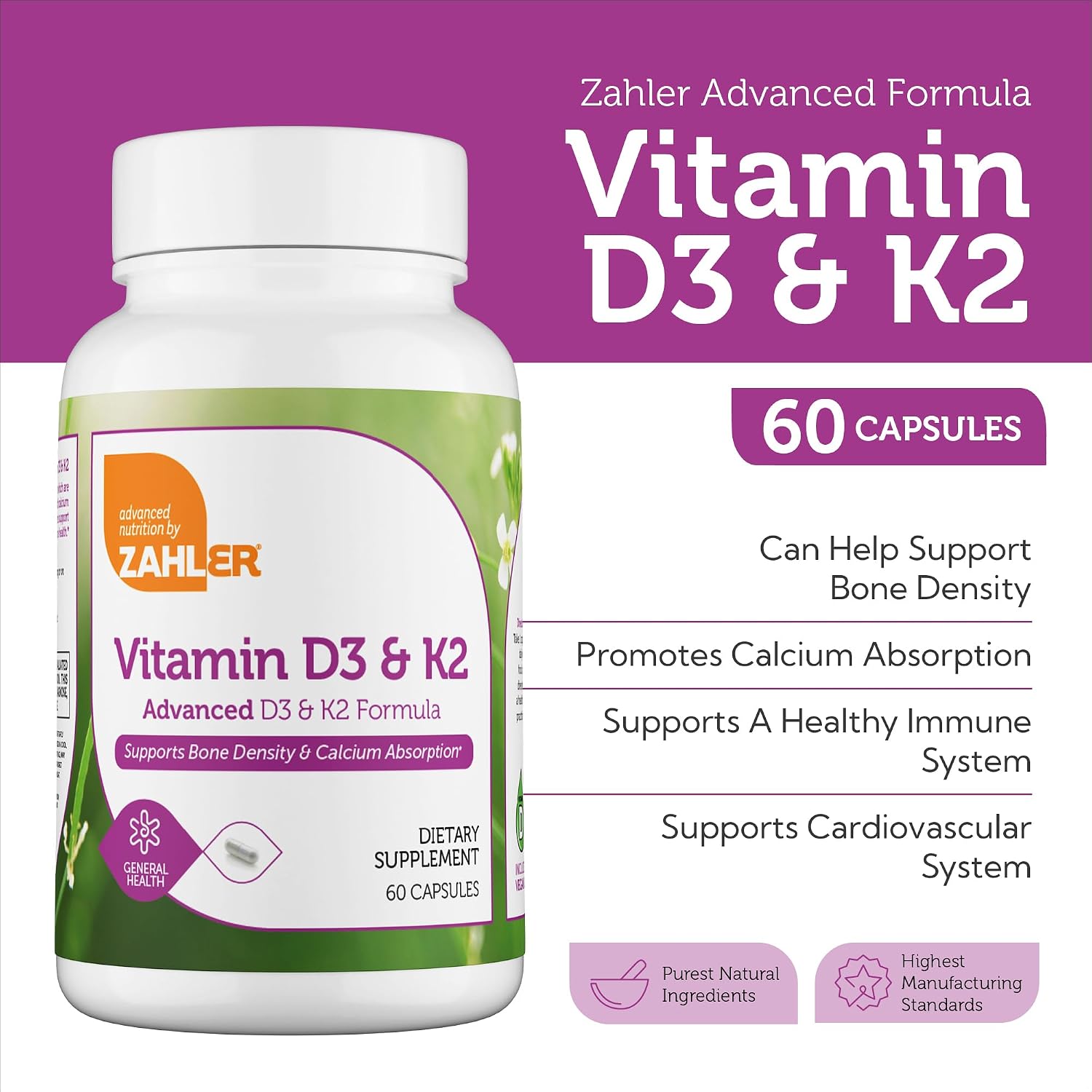 Zahler Vitamina D3 y K2 - Fórmula Avanzada, 60 Cápsulas