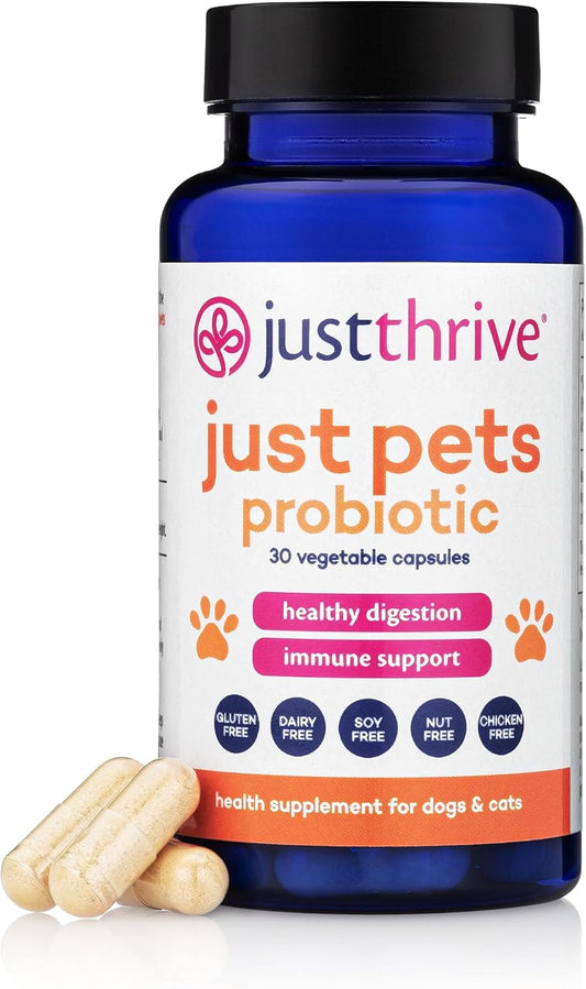 Just Thrive Just Pets Probiótico para Perros y Gatos - 4 Mil Millones de UFC - 30 Cápsulas