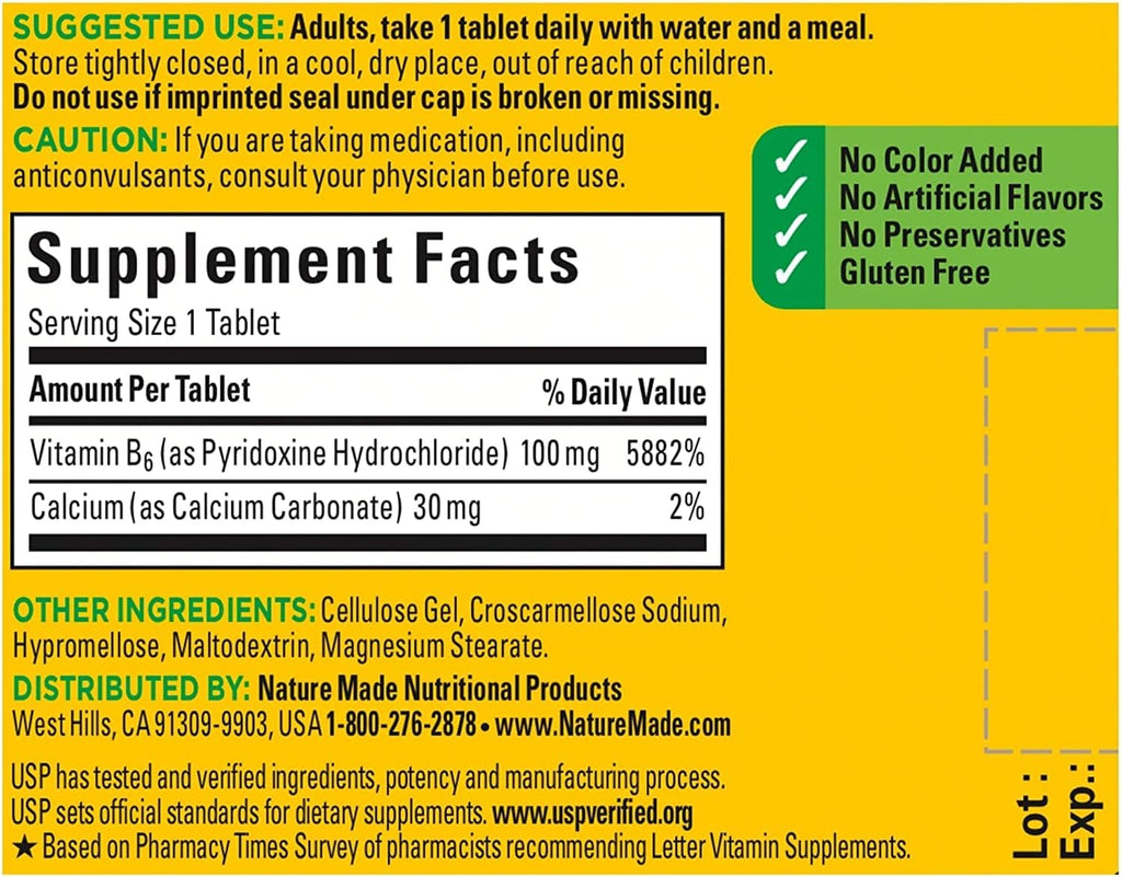 Nature Made Vitamina B6 100 mg, 100 tabletas (paquete de 4)