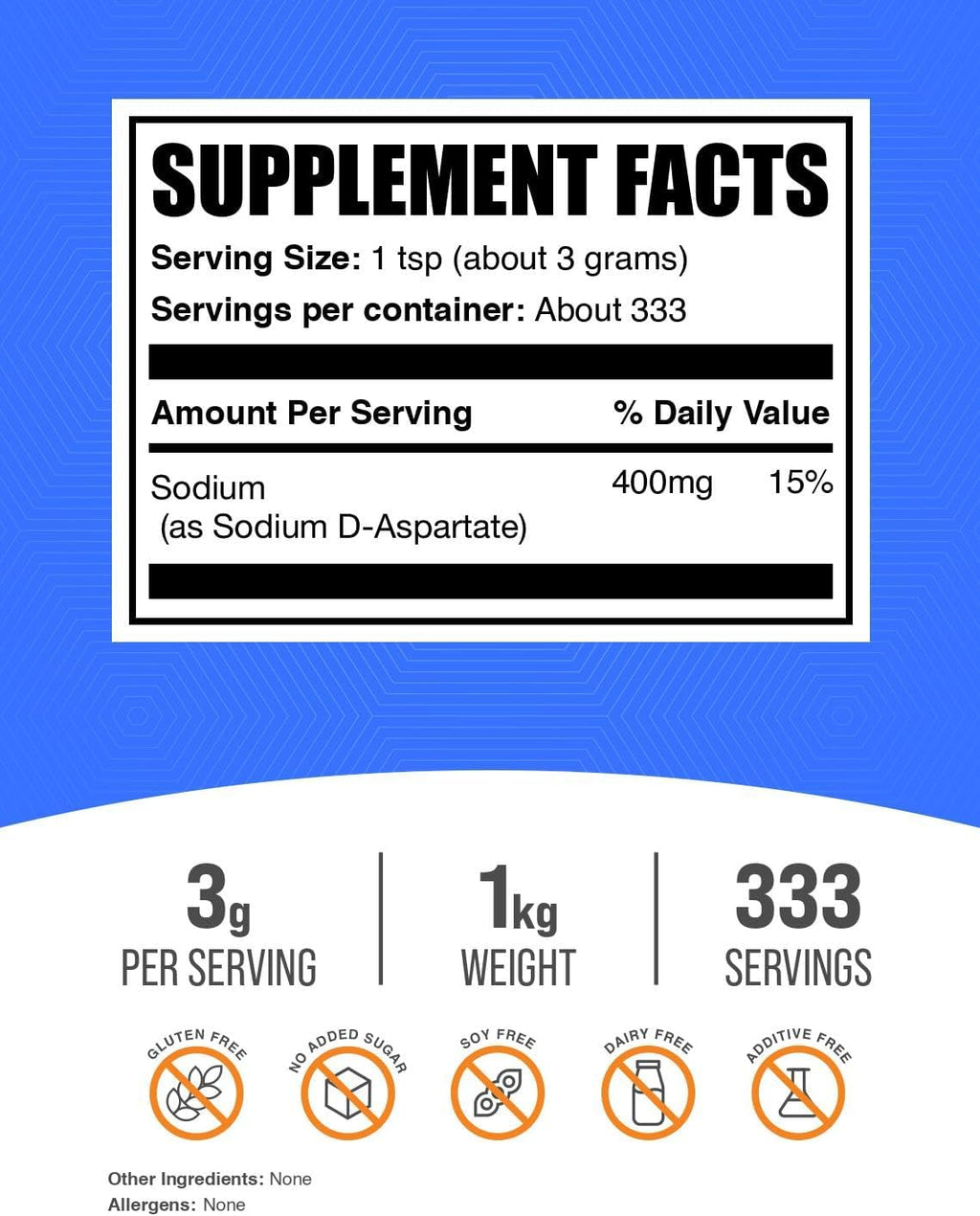 Sodio D-Aspartato en Polvo - 1 kg (2.2 lbs) - Sin Gluten - BulkSupplements
