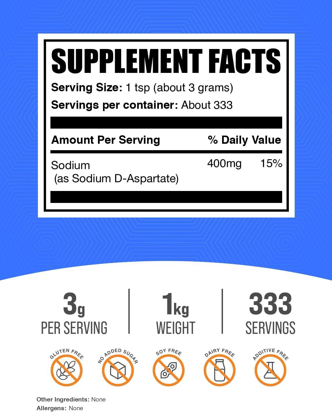 Sodio D-Aspartato en Polvo - 1 kg (2.2 lbs) - Sin Gluten - BulkSupplements