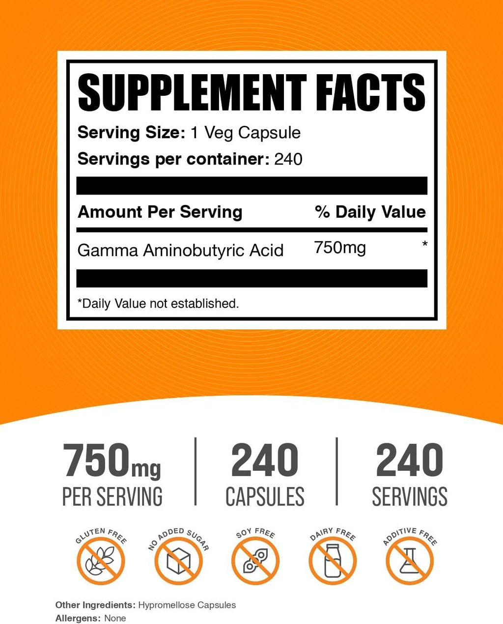 BulkSupplements GABA 750 mg - 240 Cápsulas - Vegano y Sin Gluten