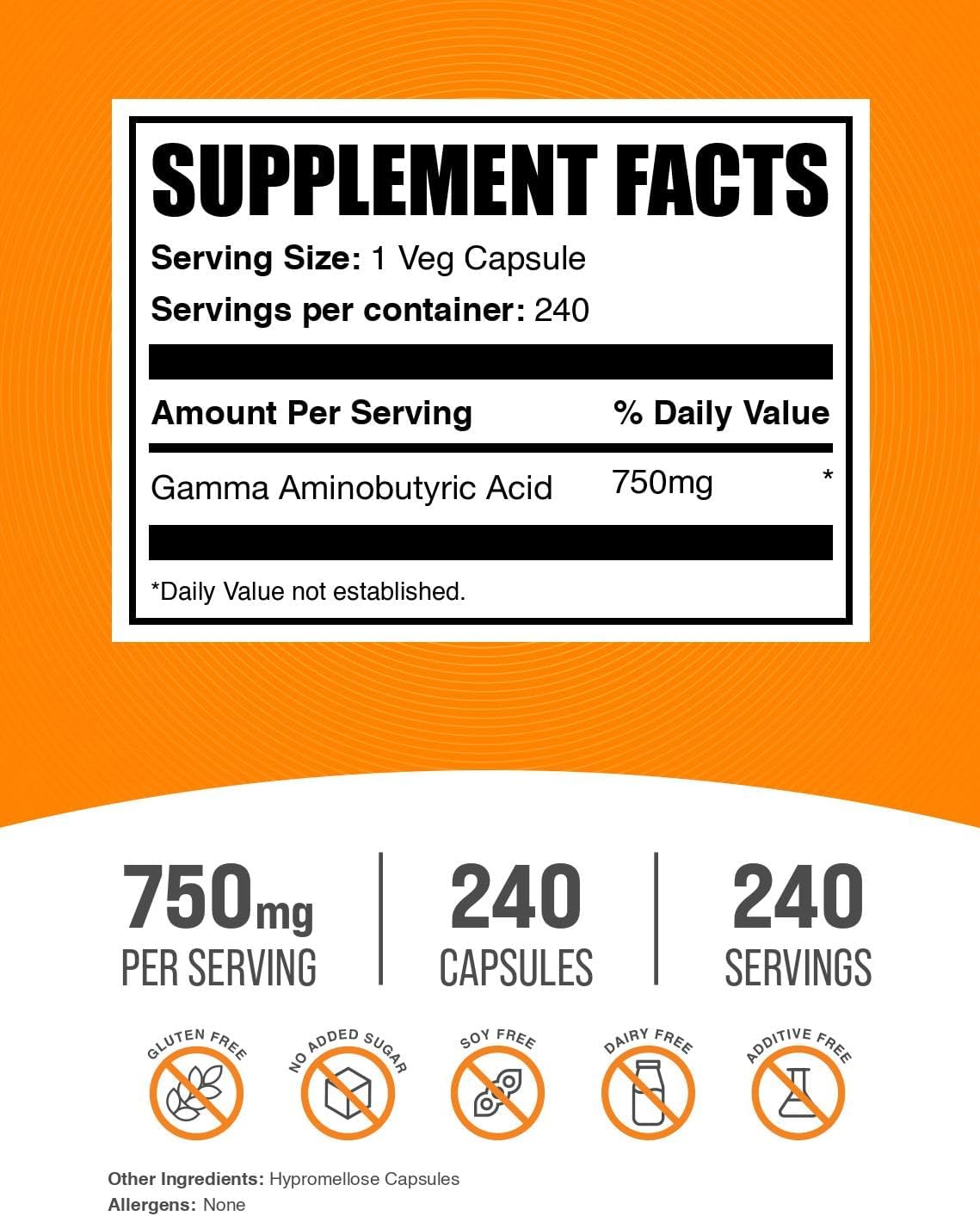 BulkSupplements GABA 750 mg - 240 Cápsulas - Vegano y Sin Gluten