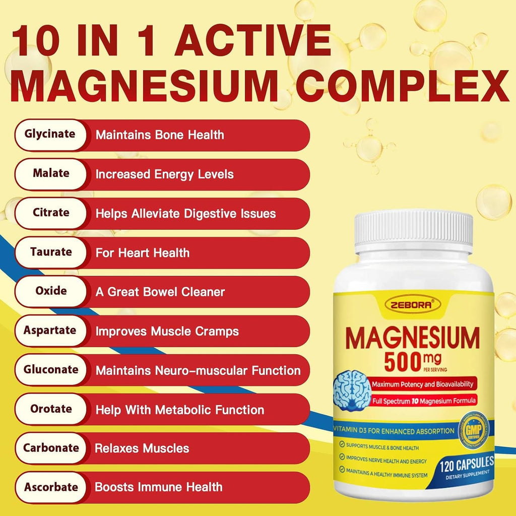 ZEBORA Complejo de Magnesio 10 en 1 - 500mg con Glicinato, Citrato y Malato + Vitamina D3 y Zinc - 120 Cápsulas