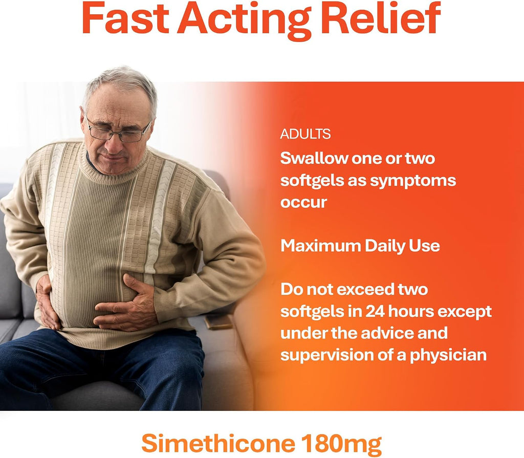 Rugby Ultra Strength Simeticona 180 mg - Alivio de Gases para Adultos - 60 Cápsulas Blandas