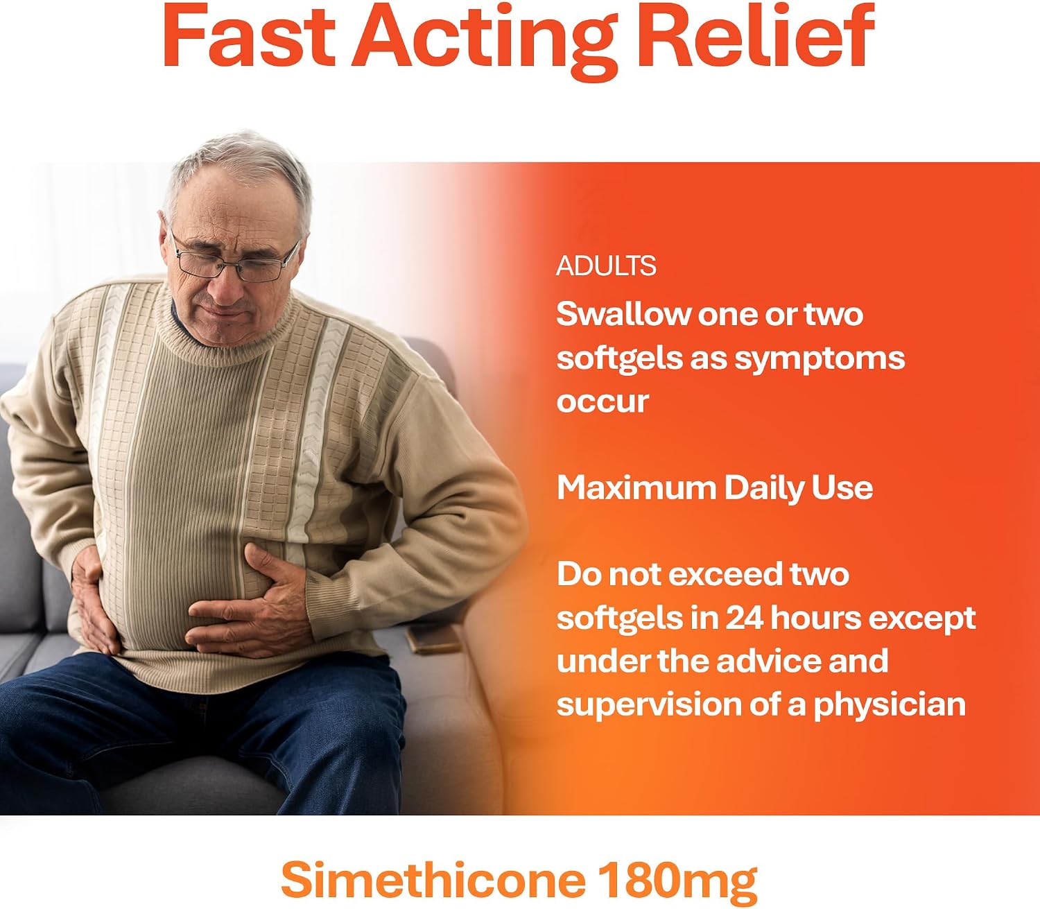 Rugby Ultra Strength Simeticona 180 mg - Alivio de Gases para Adultos - 60 Cápsulas Blandas
