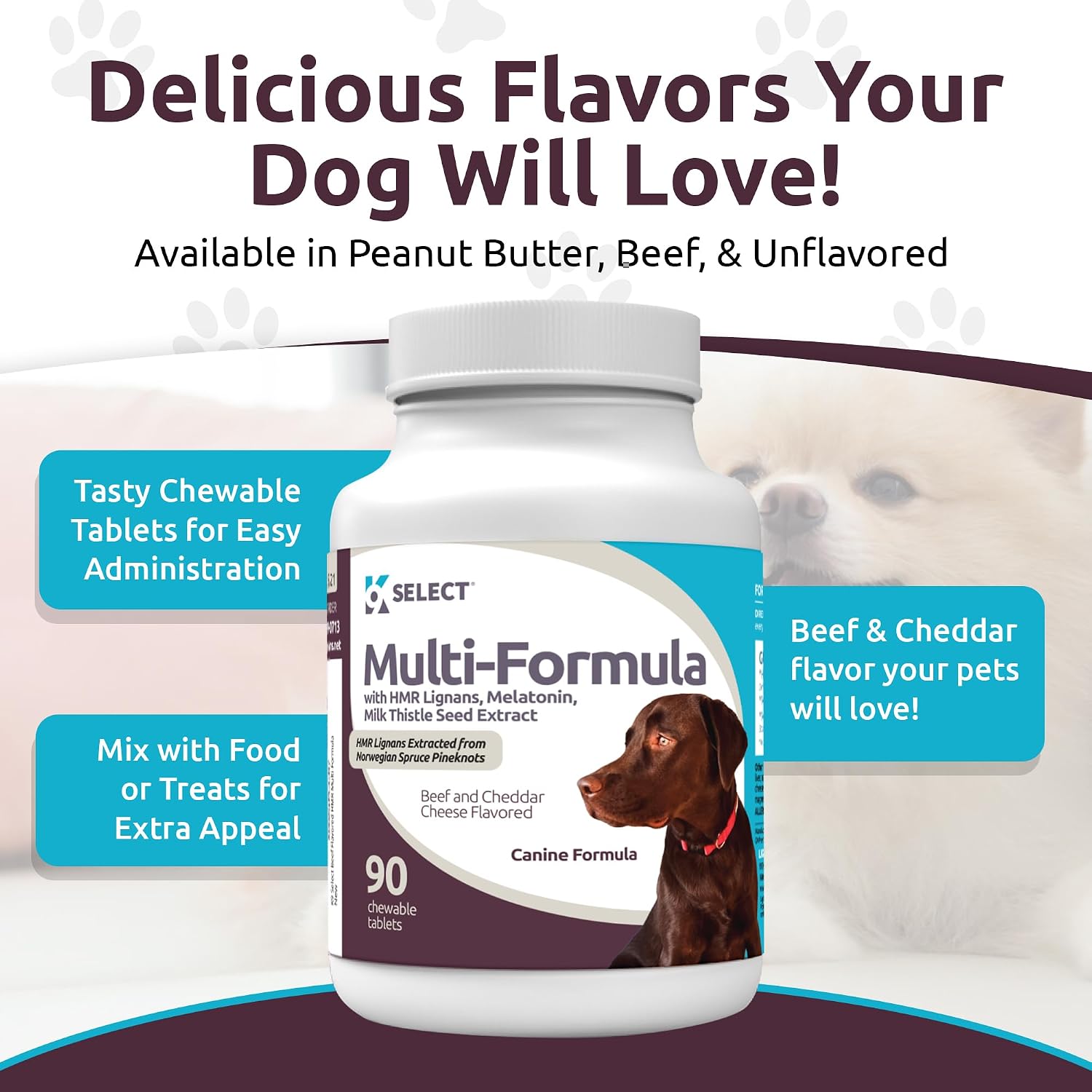 K9 Select Multivitamínico para Perros Grandes - Lignanos, Melatonina, Cardo Mariano - 90 Comprimidos Sabor Carne