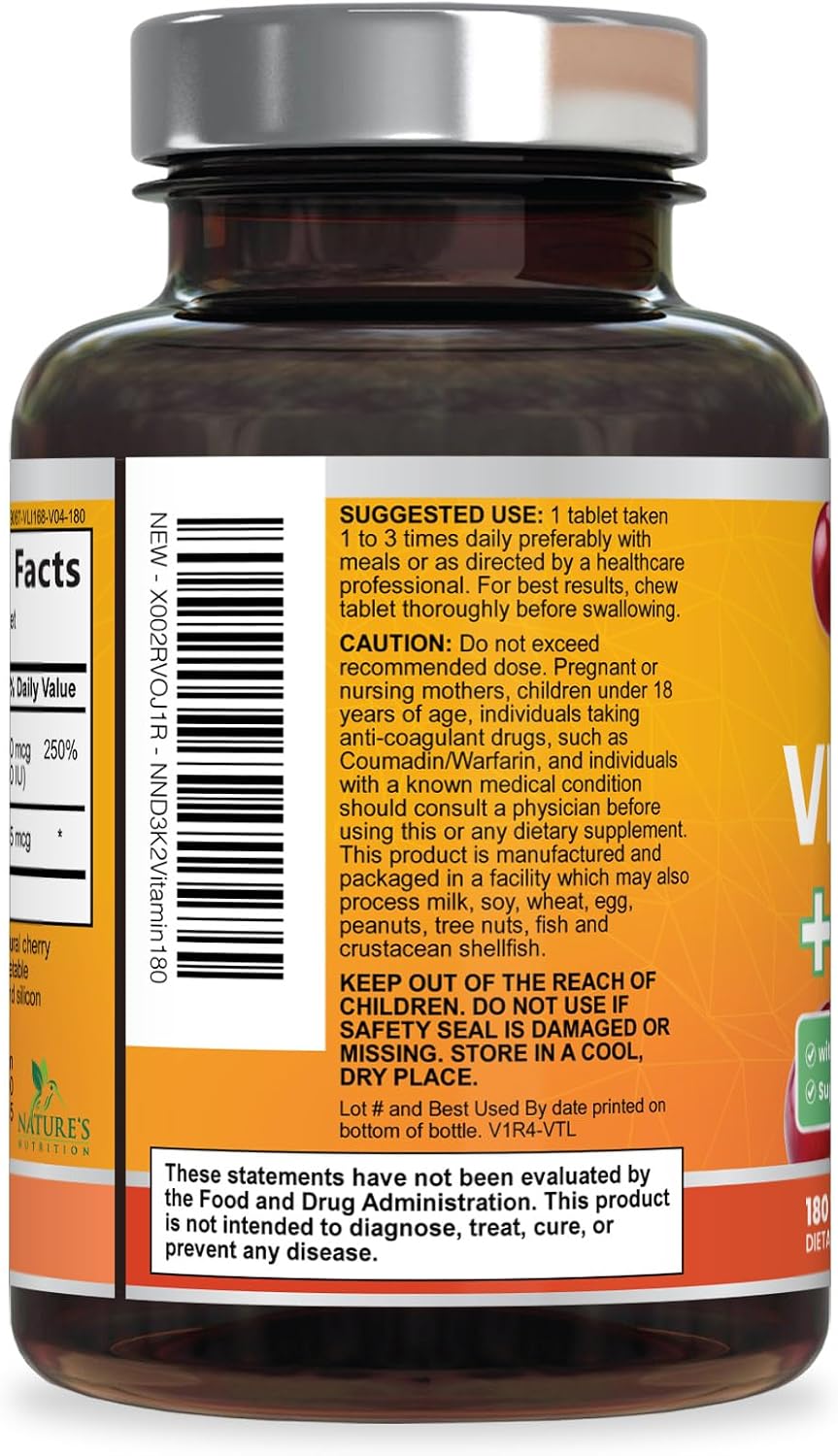 Vitamina D3 y K2 2000 UI MK-7, 180 comprimidos masticables sabor a bayas - Nature's Nutrition
