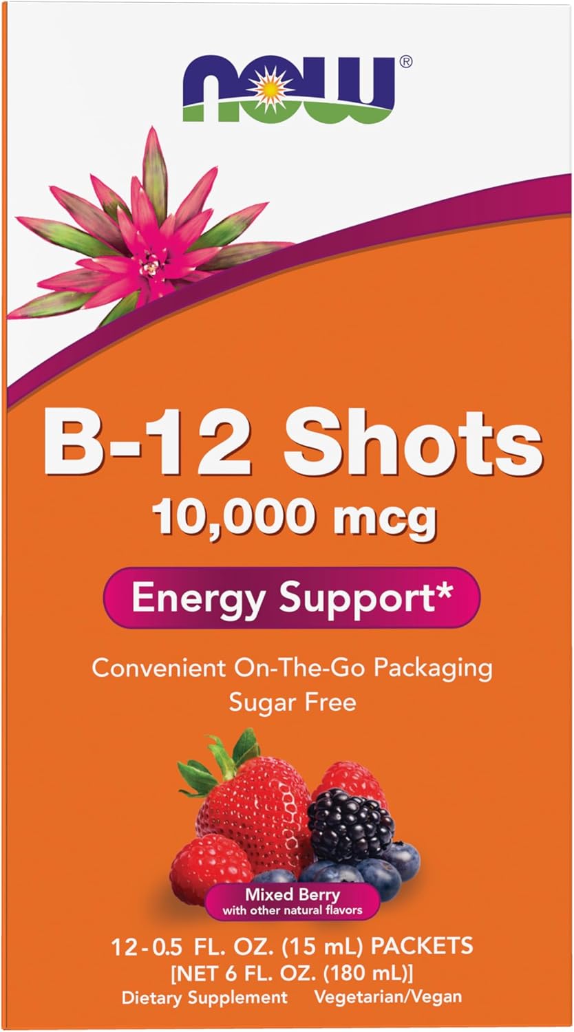 NOW Foods B-12 10.000 mcg Shots (0,5 oz, 12 unidades) Sabor Bayas Variadas