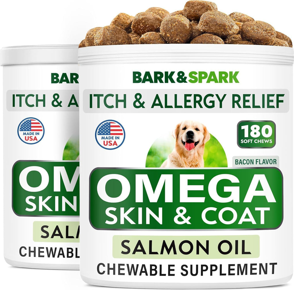 BARK&SPARK Omega 3 para Perros - 360 Golosinas de Aceite de Salmón con EPA y DHA - Suplemento para la Piel, el Pelaje y las Articulaciones - Sabor a Bacon