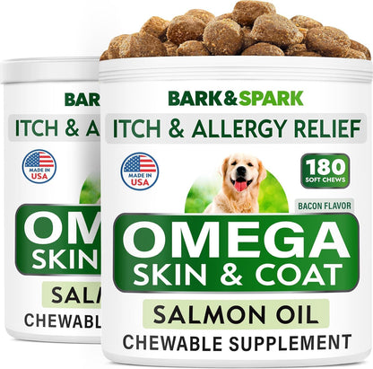 BARK&SPARK Omega 3 para Perros - 360 Golosinas de Aceite de Salmón con EPA y DHA - Suplemento para la Piel, el Pelaje y las – Image 1