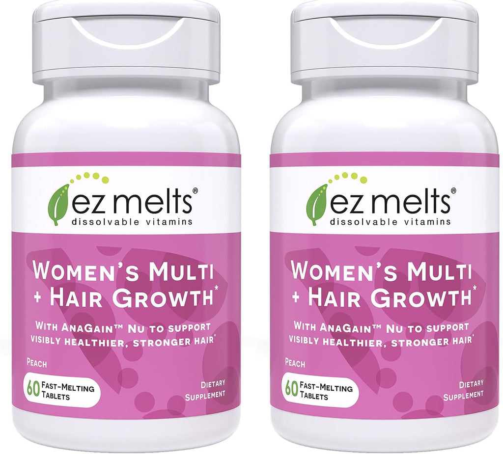 EZ Melts Women's Multi + Hair Growth - Multivitamínico Diario para Mujeres - Apoya la Energía y Reduce la Caída del Cabello - No-GMO y Vegano - Sabor Melocotón - 60 Comprimidos (30 Dosis)