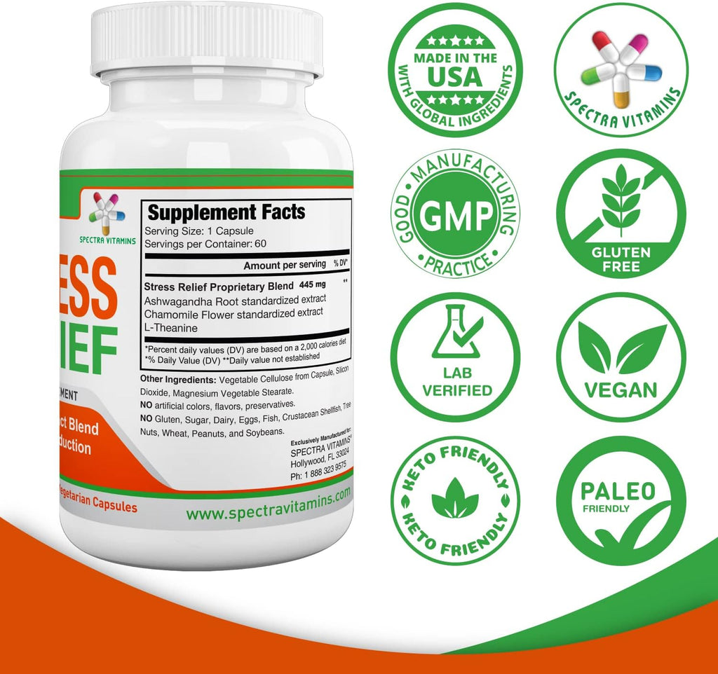 Spectra Vitamins Stress Relief - Suplemento para el estrés con Ashwagandha, L-Teanina y Manzanilla, 60 cápsulas