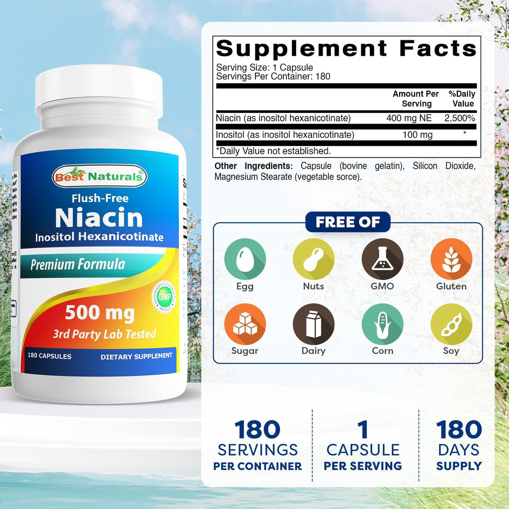 Best Naturals Niacina sin rubor (hexanicotinato de inositol) 500 mg, 180 cápsulas