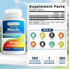 Best Naturals Niacina sin rubor (hexanicotinato de inositol) 500 mg, 180 cápsulas