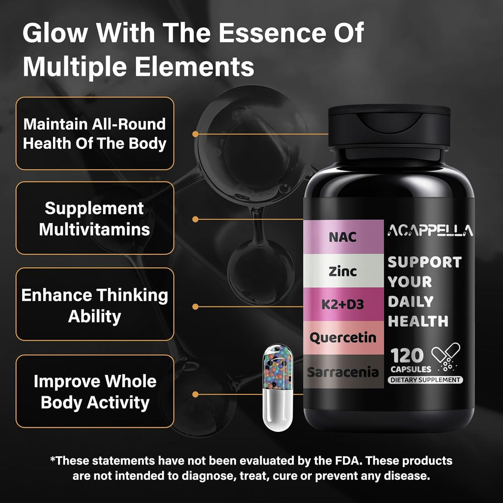 ACAPPELLA N-Acetil Cisteína (NAC) Complejo con Vitamina D3 K2, Zinc, Quercetina, Sarracenia, Saúco, Propóleo y Más - 120 Cápsulas