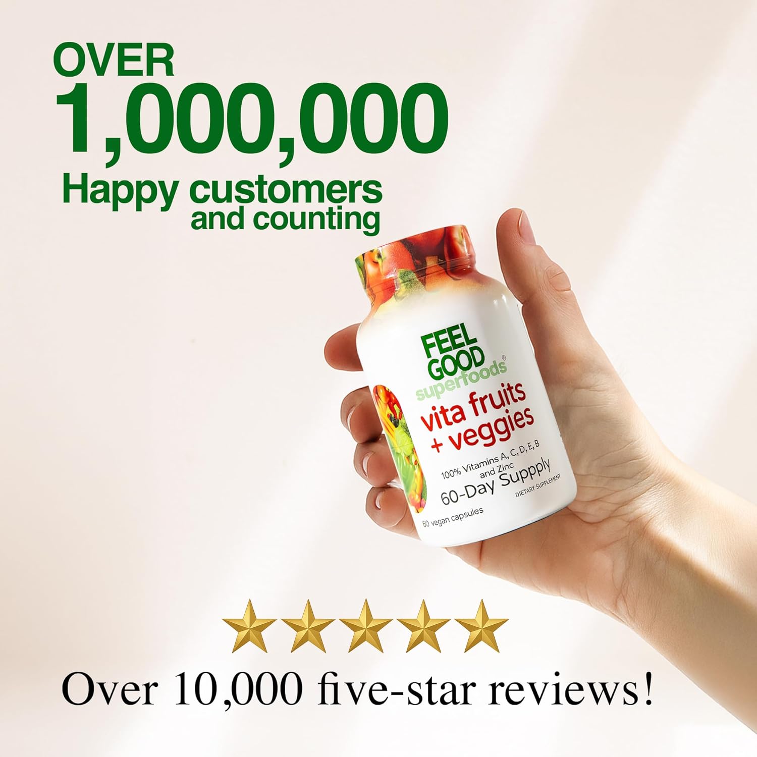 FeelGood Superfoods Cápsulas de Apoyo Inmunológico 1000 mg, 25 Frutas y Verduras Orgánicas, 60 uds.