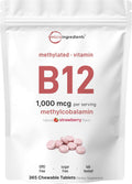 Micro Ingredients Vitamina B12 1000 mcg Metilcobalamina – 365 Comprimidos Masticables Sabor Fresa Natural