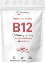 Micro Ingredients Vitamina B12 1000 mcg Metilcobalamina – 365 Comprimidos Masticables Sabor Fresa Natural