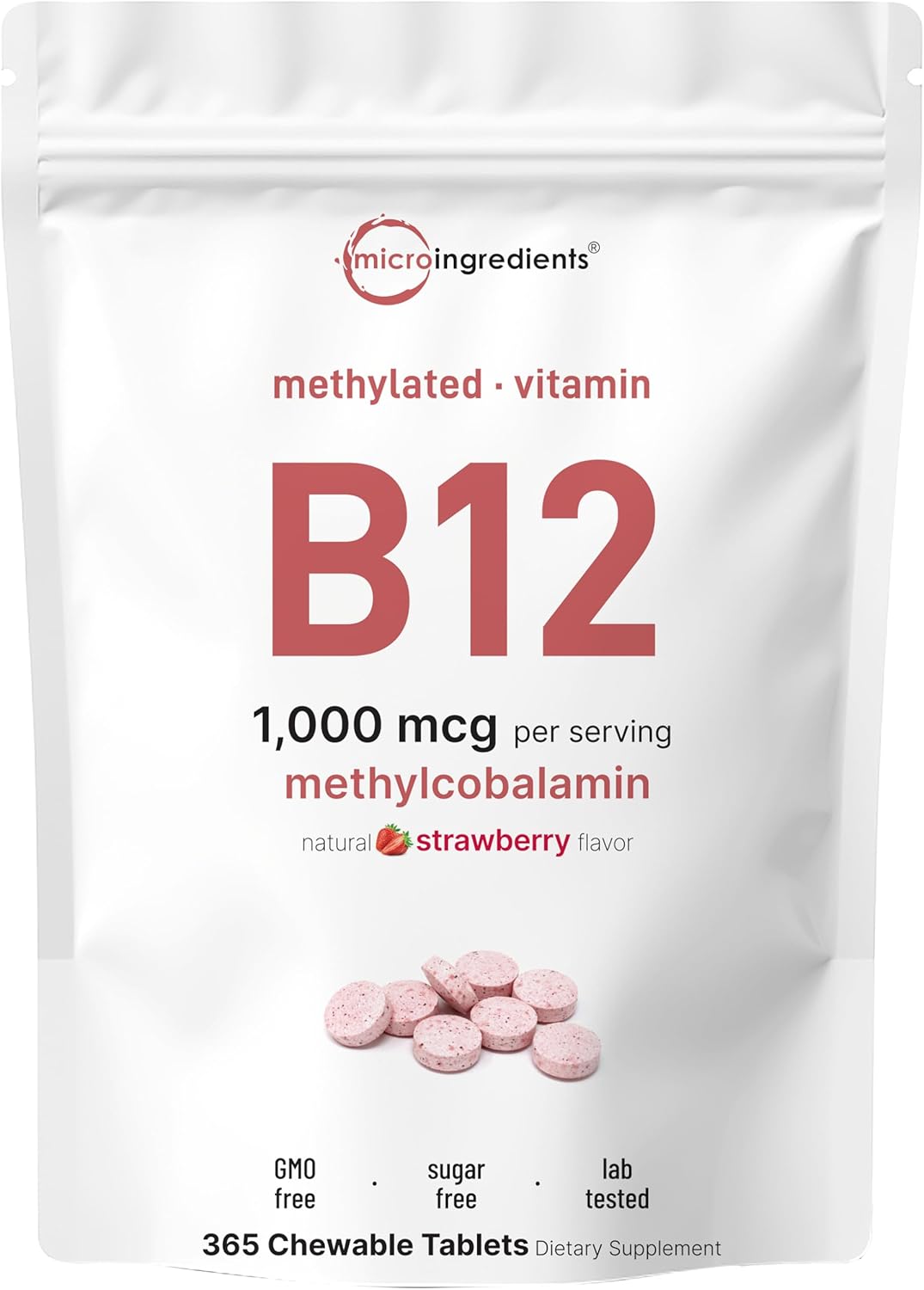 Micro Ingredients Vitamina B12 1000 mcg Metilcobalamina – 365 Comprimidos Masticables Sabor Fresa Natural