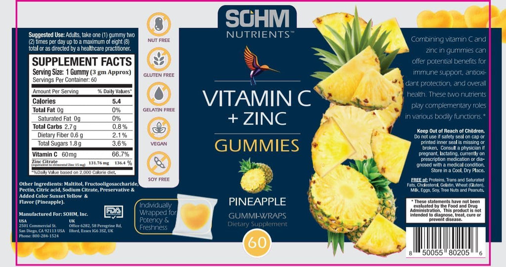 SOHM Vitamina C + Zinc Gominolas para Adultos | 60 mg Vitamina C + 15 mg Zinc | Sin Gluten, Sin Gelatina, Vegetarianas | 60 Unidades