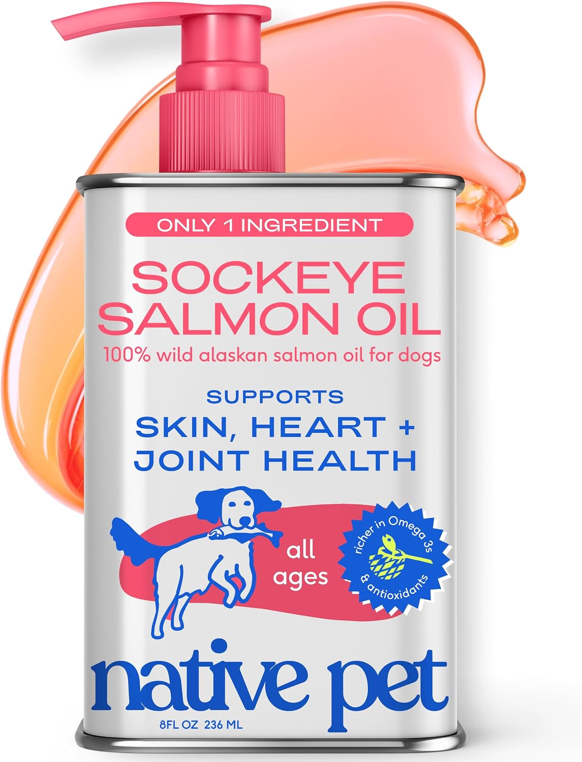 Native Pet Aceite de Salmón Salvaje de Alaska para Perros y Gatos - Omega 3 EPA y DHA - 237 ml