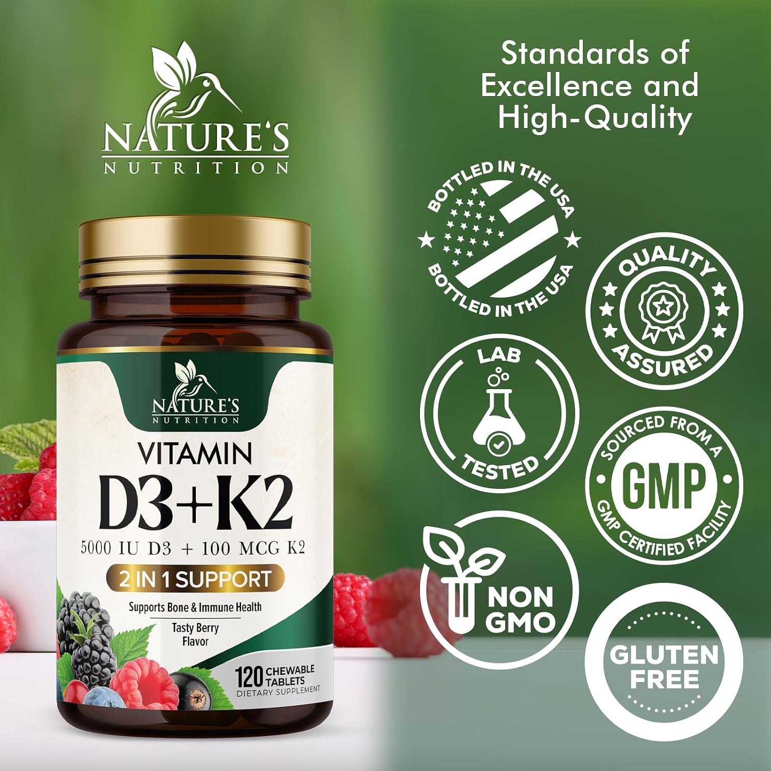Nature's Nutrition Vitamina D3 K2 5000 UI + 100 mcg K2 MK-7, 120 Comprimidos Masticables Sabor Baya