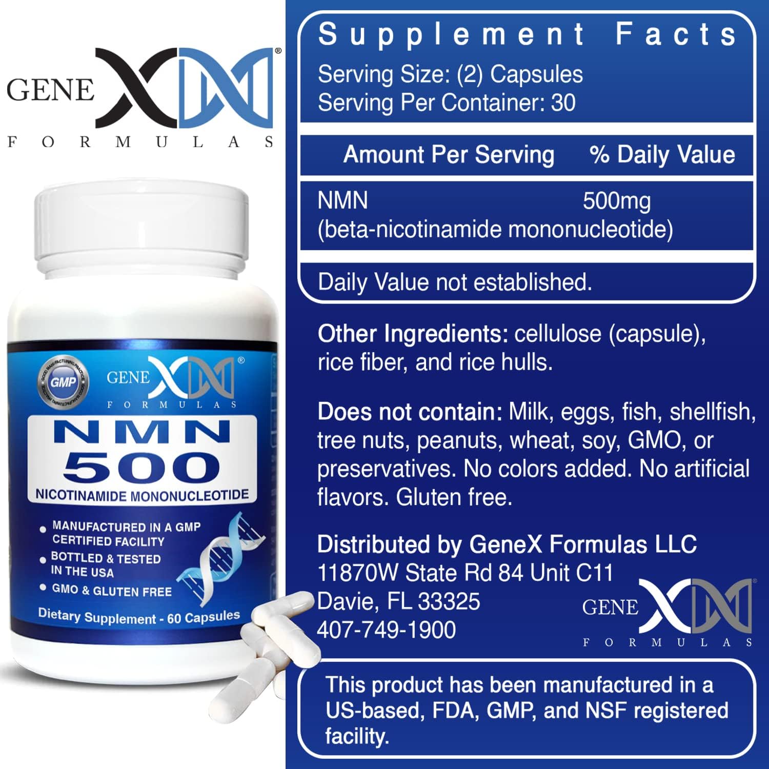 Genex Formulas NMN 500mg – 99% Pureza, 60 Cápsulas, para Niveles de NAD+ y Envejecimiento Saludable