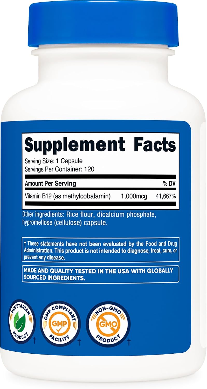 Nutricost Vitamina B12 (Metilcobalamina) 1000mcg, 120 Cápsulas - Vegetariano, Sin OGM y Sin Gluten