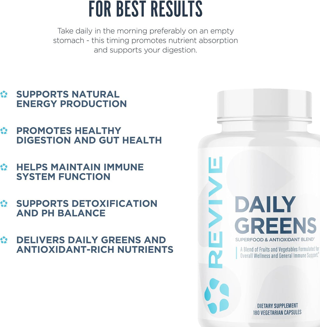 Revive MD Daily Greens - Suplemento de Superfoods y Antioxidantes con Enzimas Digestivas, Prebióticos y Probióticos - 180 Cápsulas (60 Dosis)
