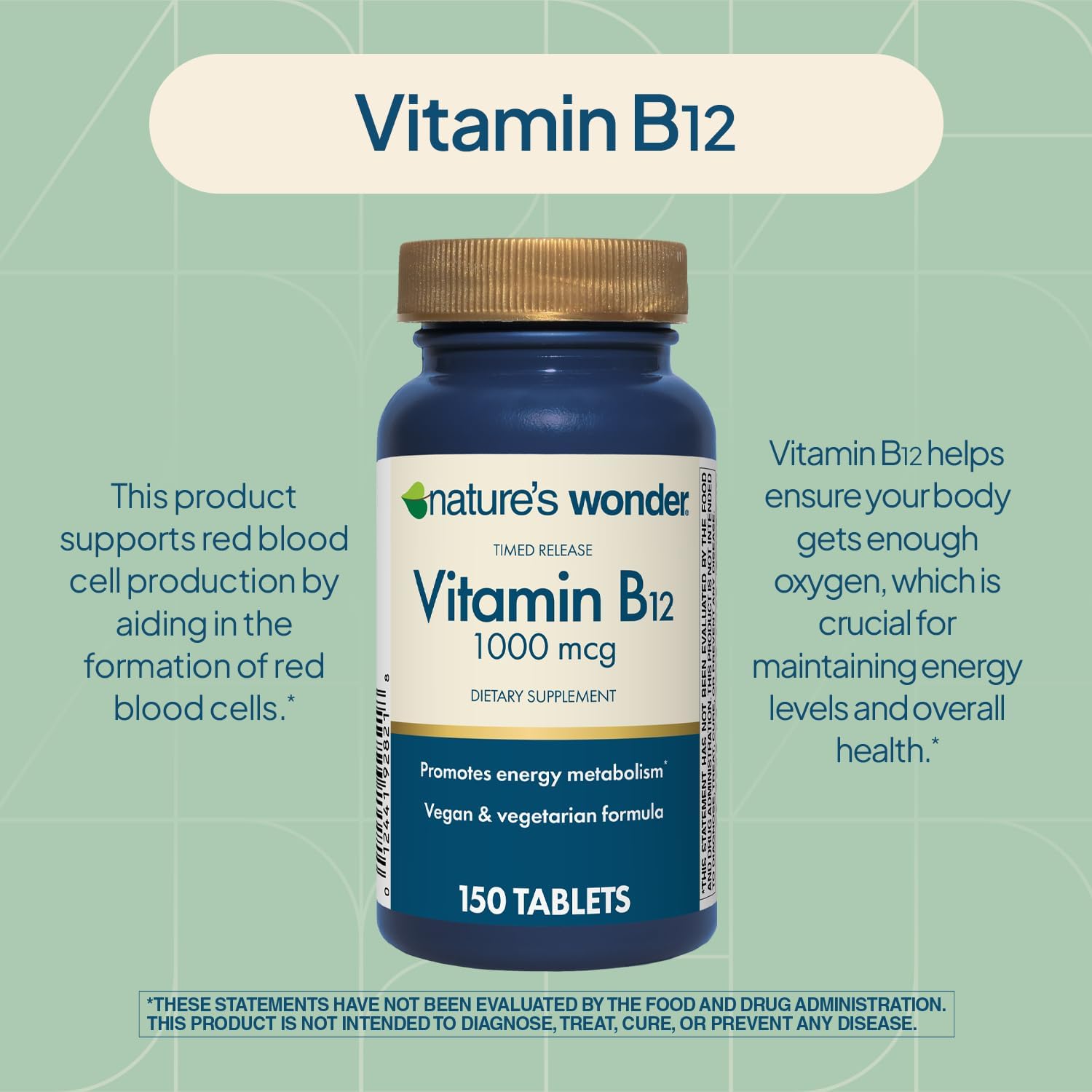 Nature's Wonder Vitamina B12 1000 mcg - Comprimidos de Liberación Prolongada (150 Comprimidos)