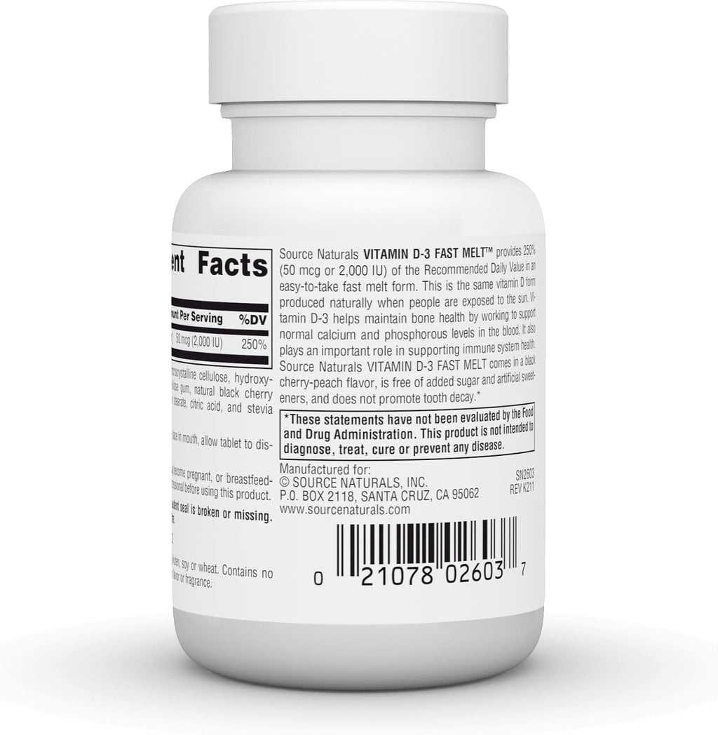 Source Naturals Vitamina D-3 Fast Melt - 120 Comprimidos Sabor Cereza Negra y Melocotón