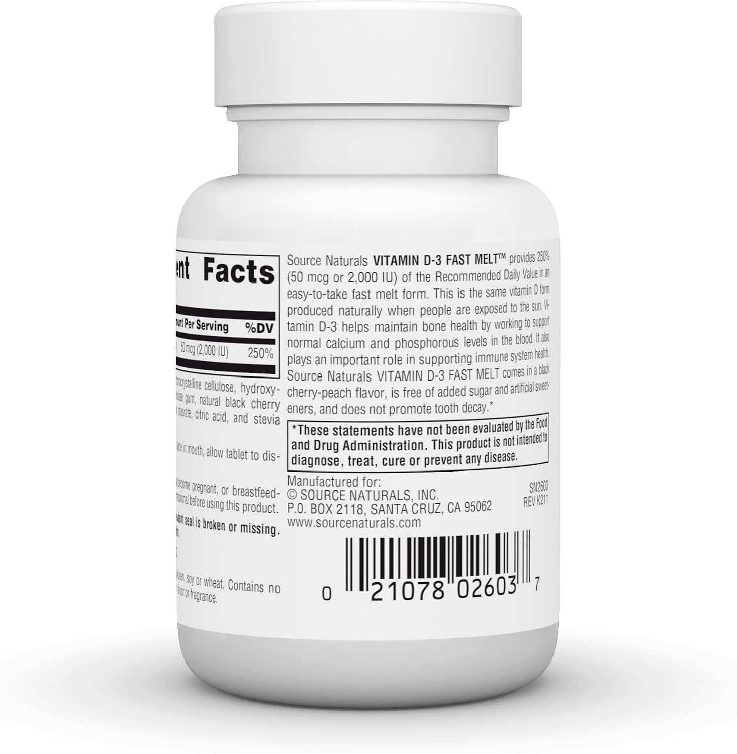 Source Naturals Vitamina D-3 Fast Melt - 120 Comprimidos Sabor Cereza Negra y Melocotón
