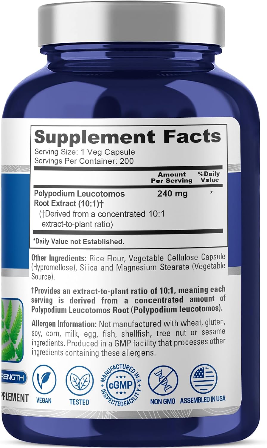 Polypodium Leucotomos Cápsulas, 240 mg, 200 Cápsulas Veganas