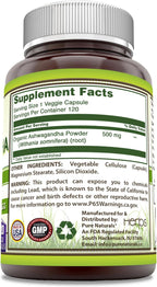 Pure Naturals Ashwagandha 500 mg por ración, 120 cápsulas vegetales - No transgénico, Sin gluten, Hecho en EE. UU.